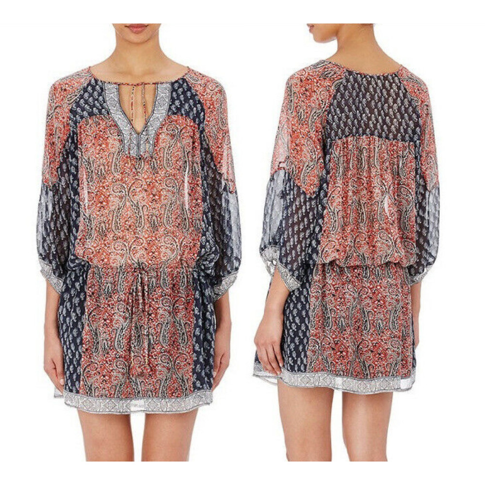 Ulla Johnson SALINAS Red & Blue Paisley 100% Silk 3/4 Sleeve Mini Dress Sz 0